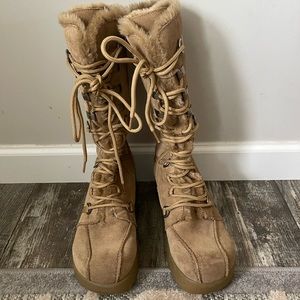 Report Sleigh Womens Sz 7.5 Lace Up Winter Boots Chunky Heel Leather Fur